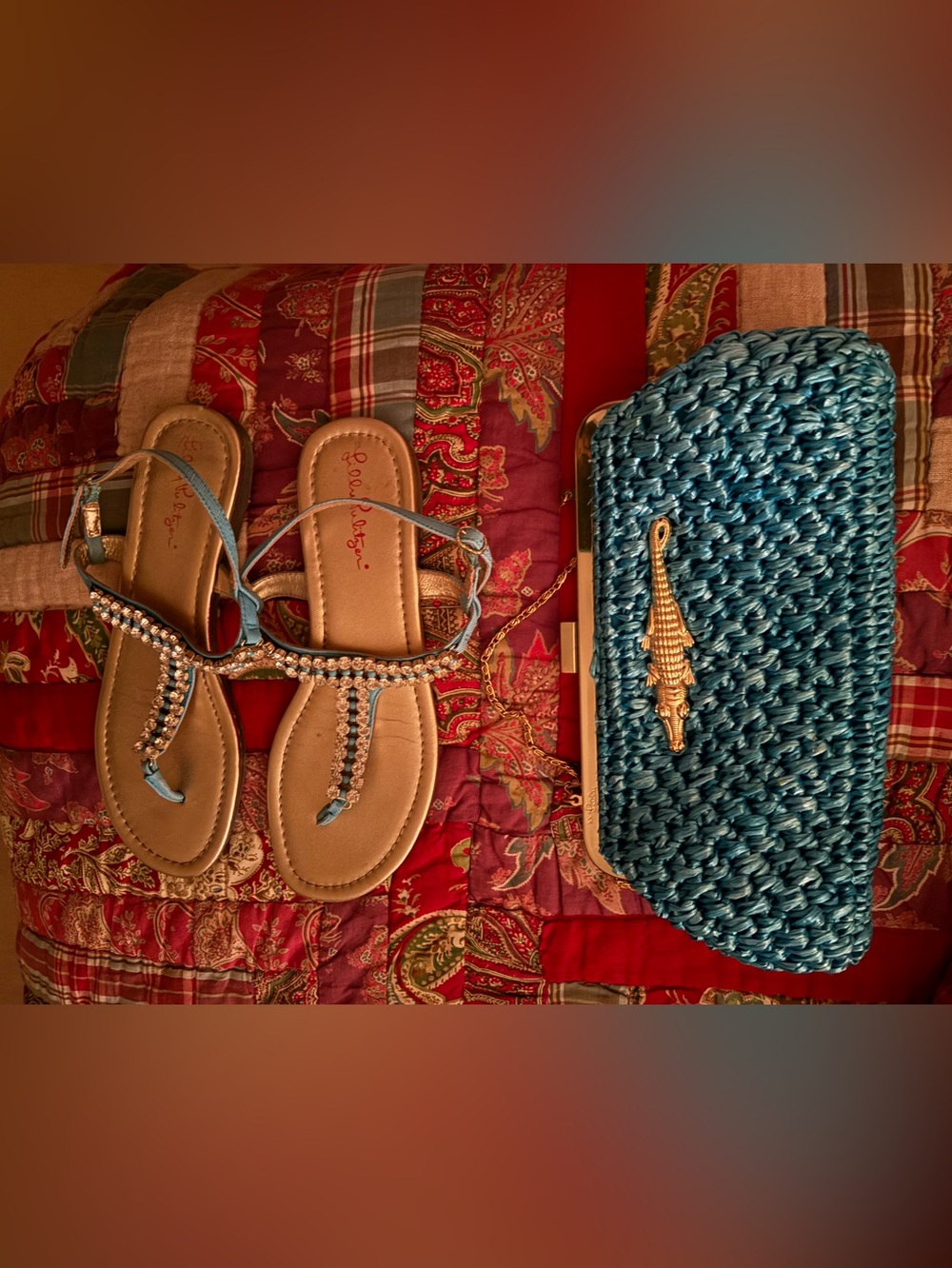 Lilly Pulitzer Blue Jeweled T-Strap Sandals with matching Woven Blue Clutch